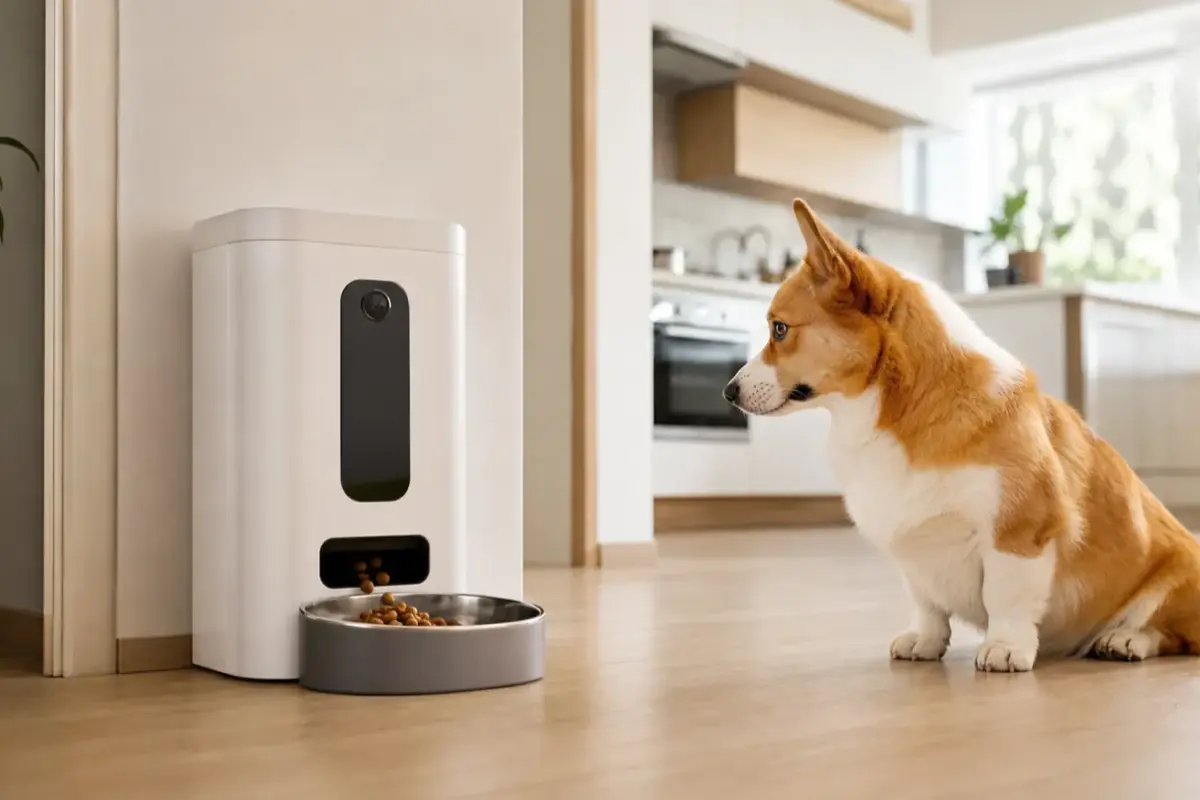 Cane con distributori automatici di cibo con app e telecamera in una situazione d'uso realistica - distributore automatico di cibo per cani