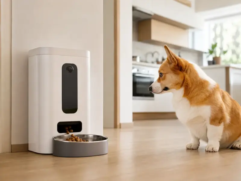 Cane con distributori automatici di cibo con app e telecamera in una situazione d'uso realistica - distributore automatico di cibo per cani