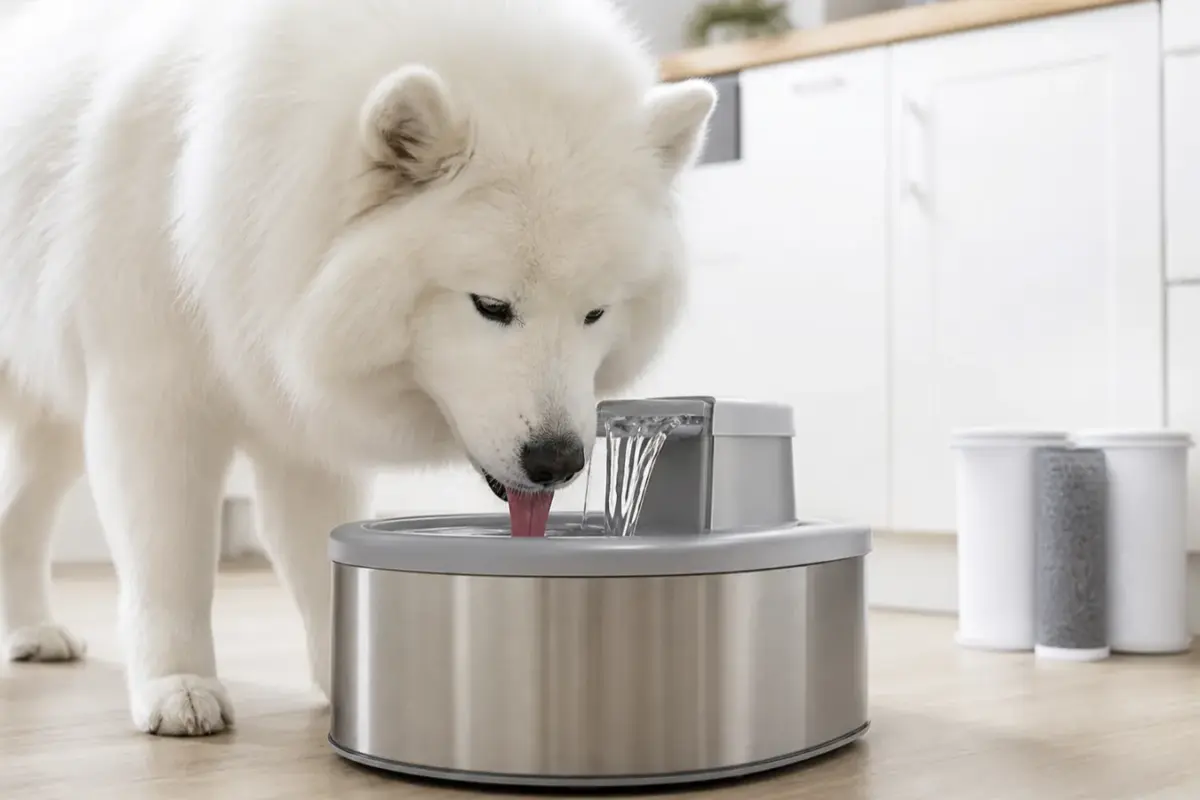 Cane con fontanelle smart filtranti con sensore in una situazione d'uso realistica - fontanella per cani