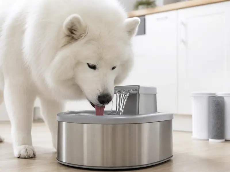 Cane con fontanelle smart filtranti con sensore in una situazione d'uso realistica - fontanella per cani