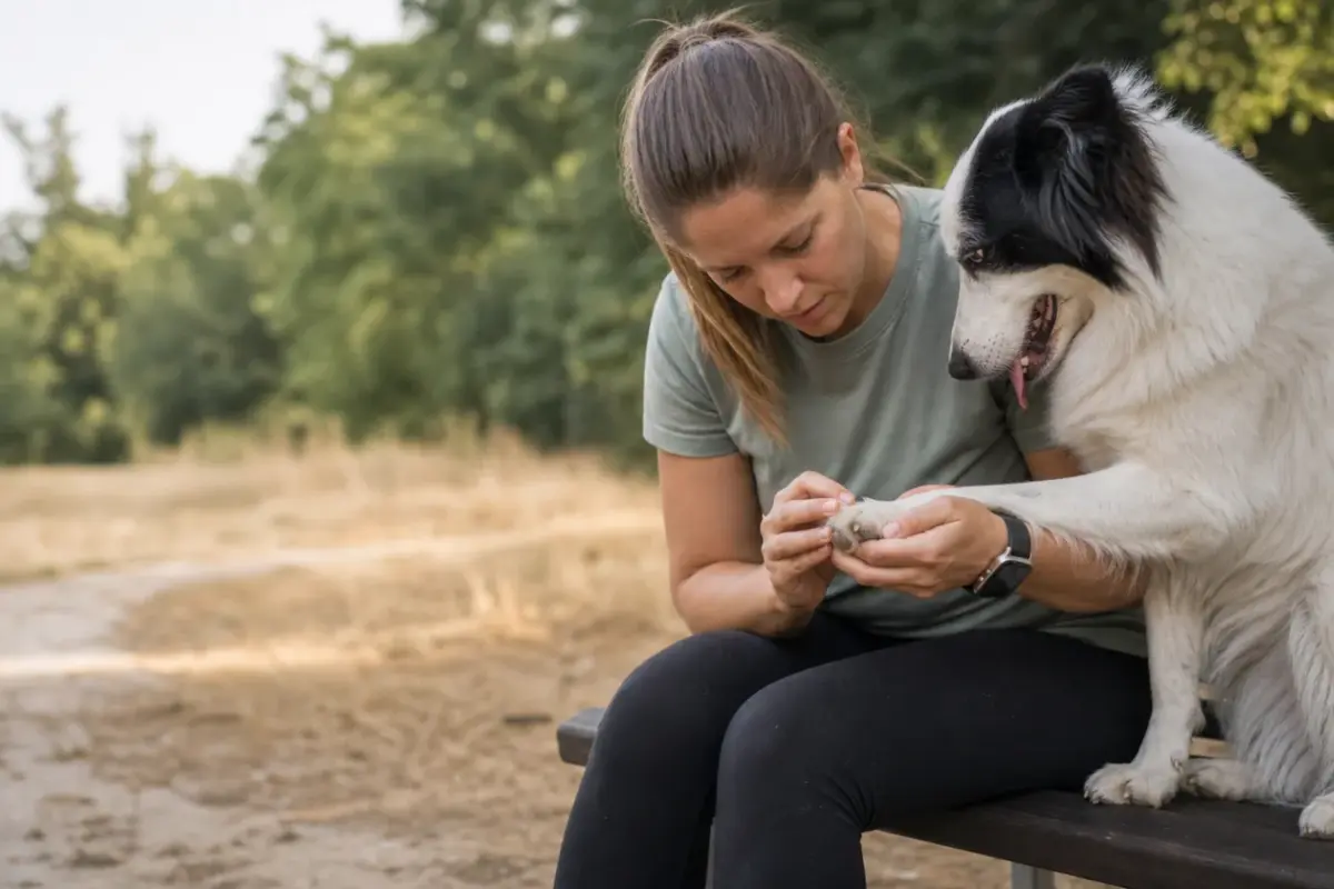 Controllo delle zampe del cane dopo una passeggiata tra erba secca
