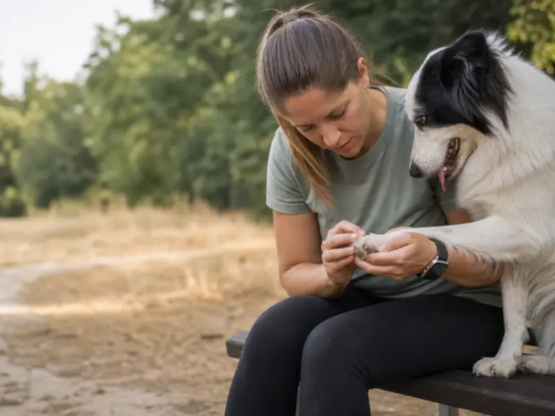 Controllo delle zampe del cane dopo una passeggiata tra erba secca