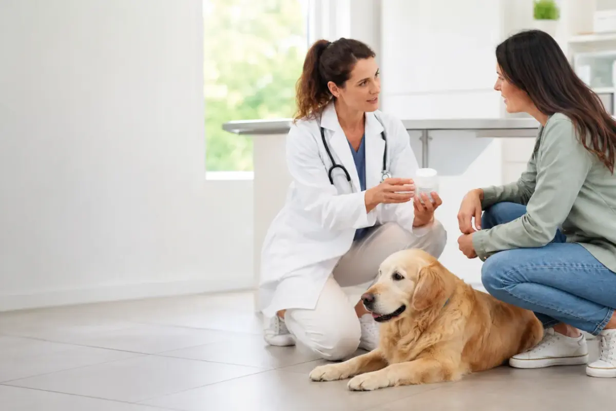 Veterinario nutrizionista che esamina la dieta di un cane con il proprietario - dieta grain-free e cuore del cane