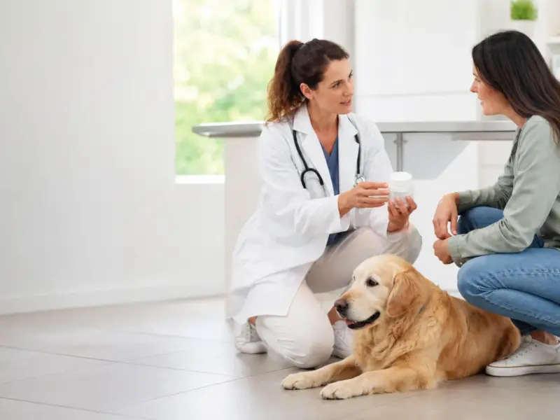 Veterinario nutrizionista che esamina la dieta di un cane con il proprietario - dieta grain-free e cuore del cane