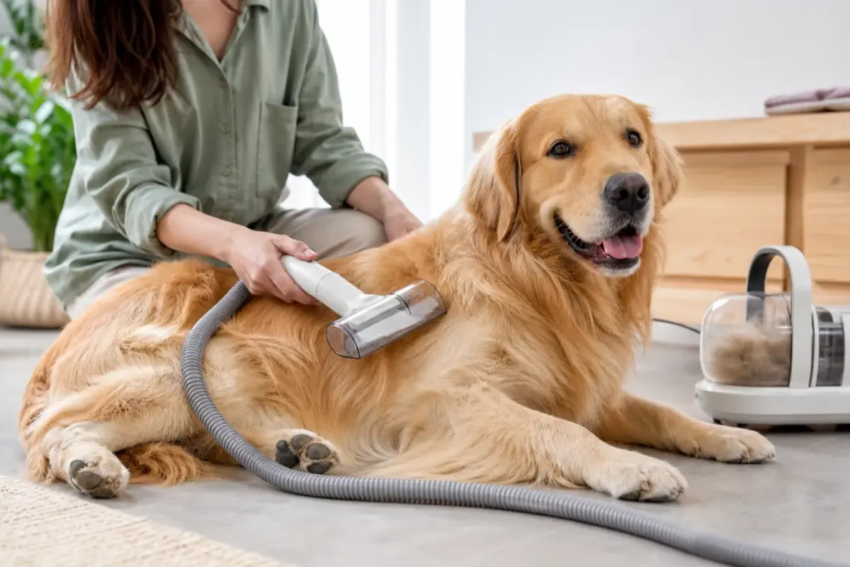 Cane con aspiratori per toelettatura e grooming vacuum in una situazione d'uso realistica