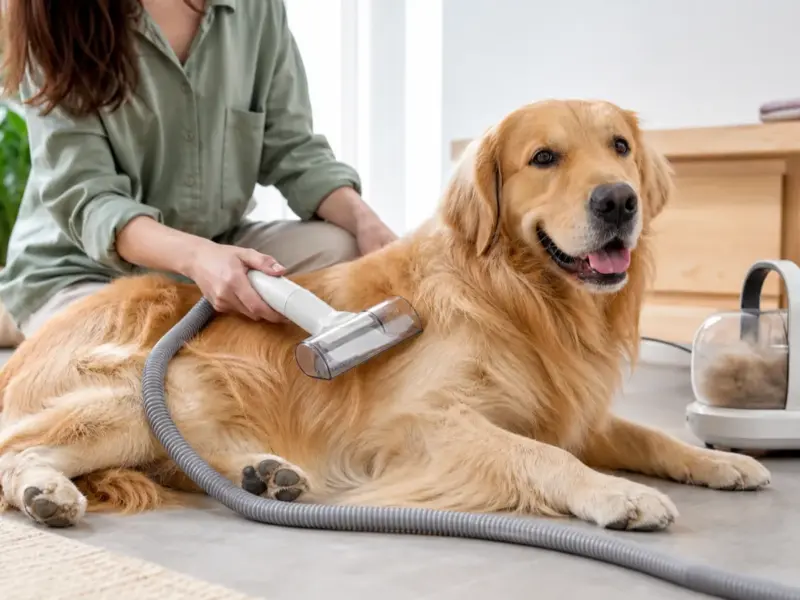Cane con aspiratori per toelettatura e grooming vacuum in una situazione d'uso realistica