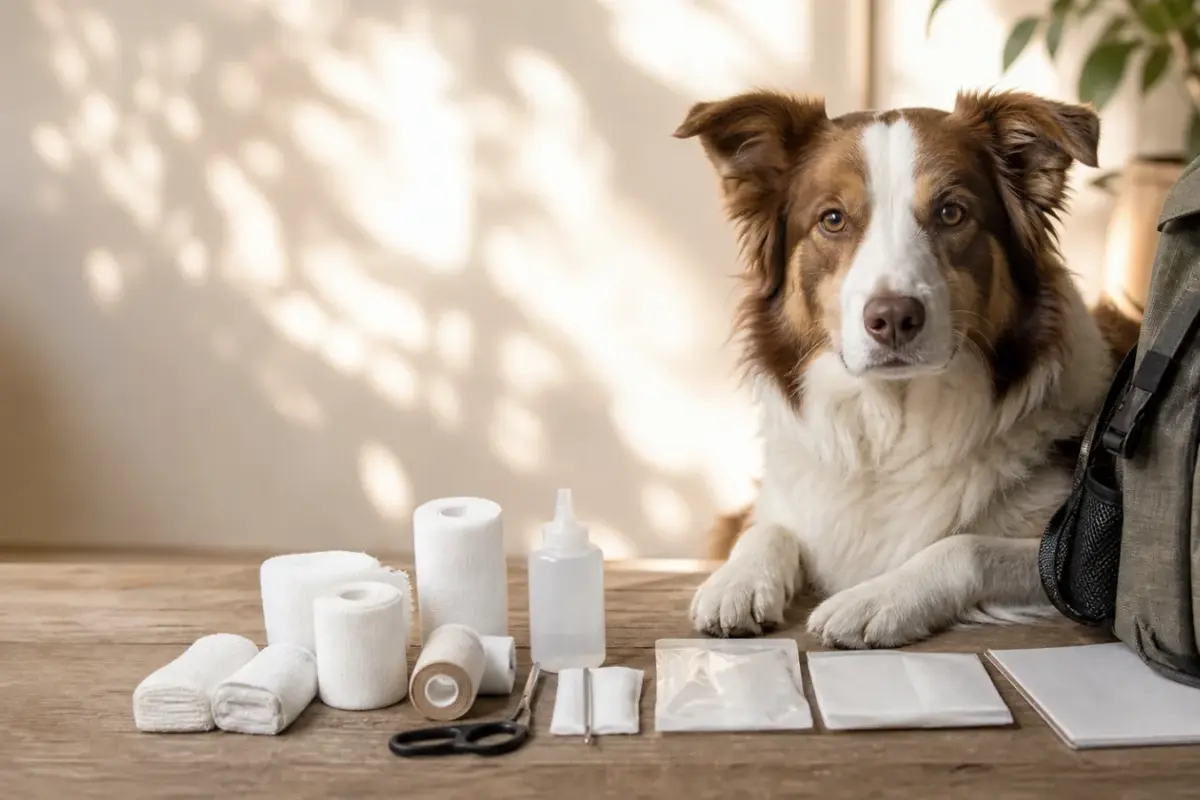 Kit di primo soccorso per cani organizzato accanto a uno zaino da viaggio