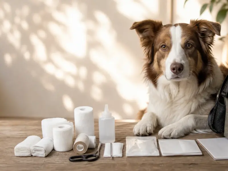 Kit di primo soccorso per cani organizzato accanto a uno zaino da viaggio