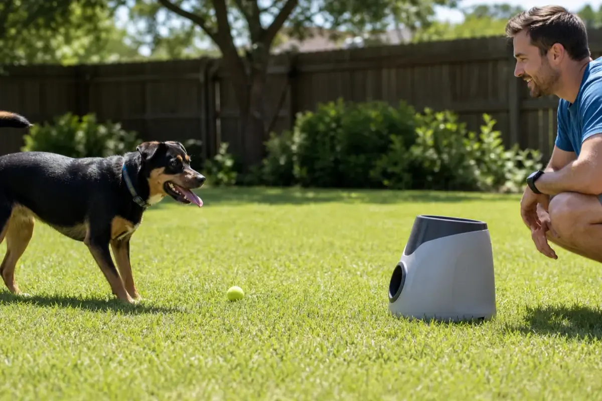 Cane con lancia-palline automatici in una situazione d'uso realistica - lancia palline automatico per cani
