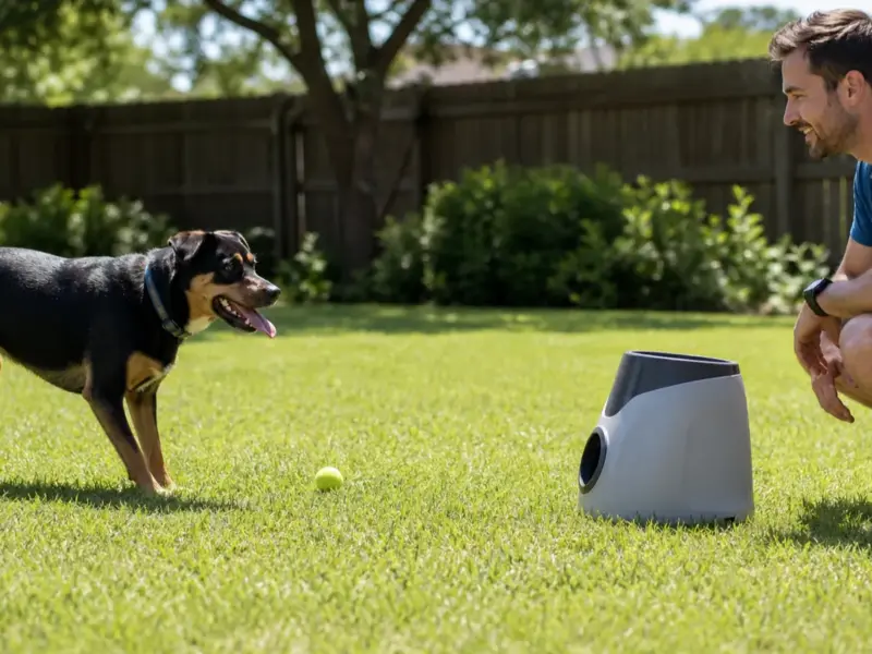 Cane con lancia-palline automatici in una situazione d'uso realistica - lancia palline automatico per cani