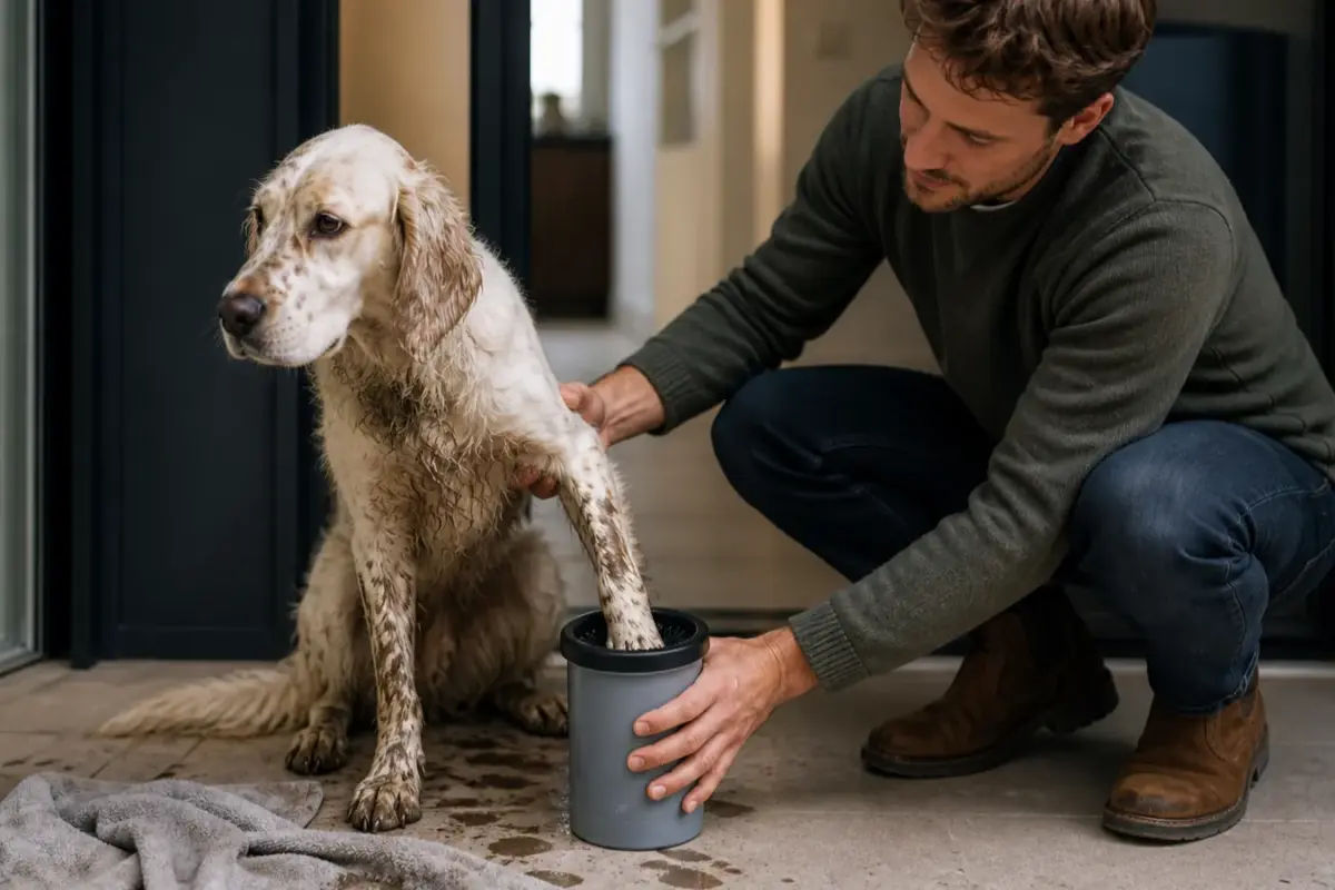 Cane con lava-zampe portatili ed elettrici in una situazione d'uso realistica - lava zampe per cani