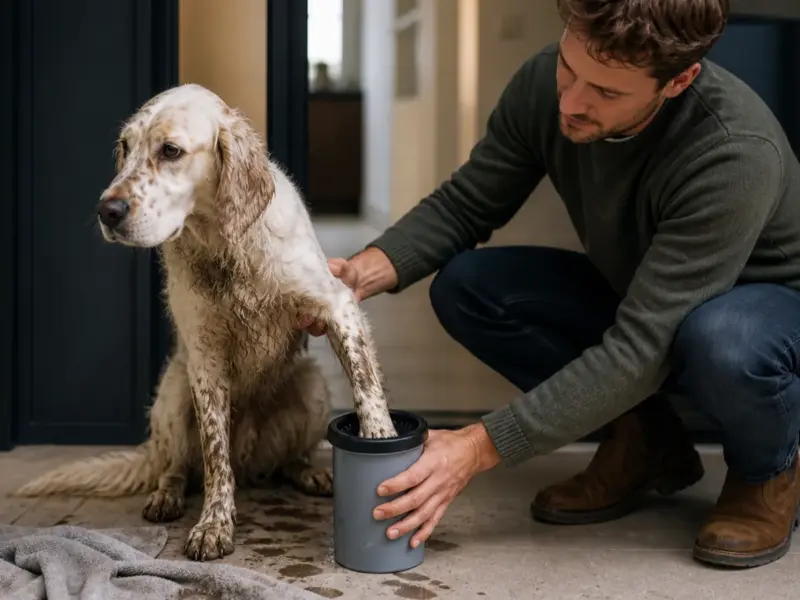 Cane con lava-zampe portatili ed elettrici in una situazione d'uso realistica - lava zampe per cani