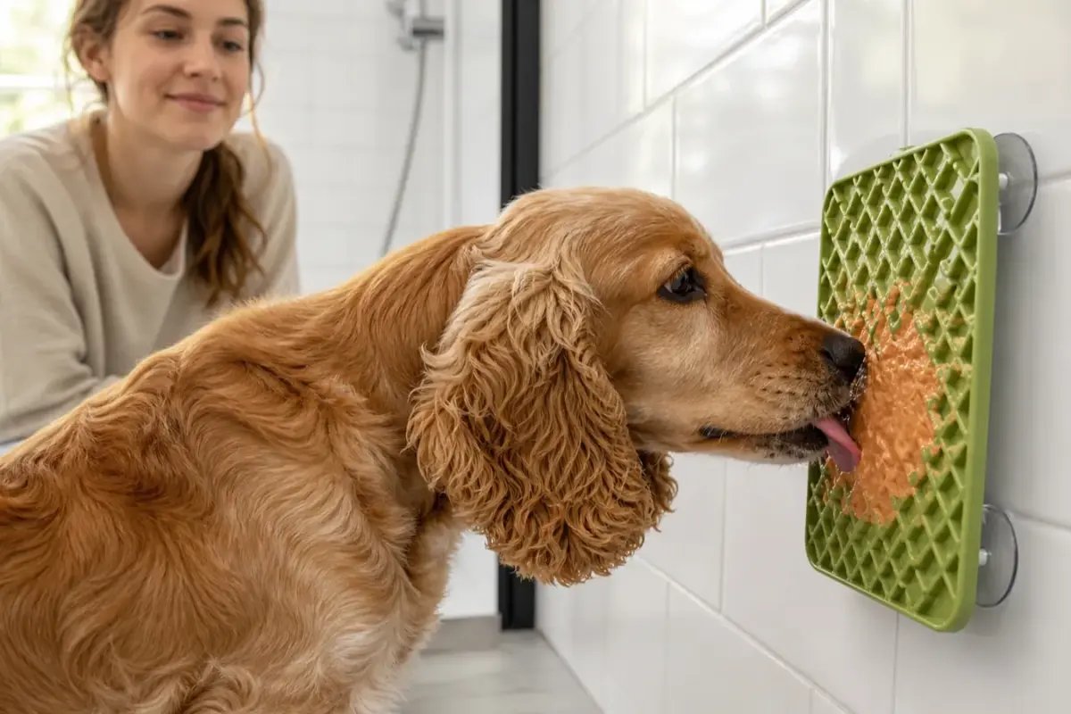 Cane con lick mat e tappetini da leccare in una situazione d'uso realistica - lick mat per cani