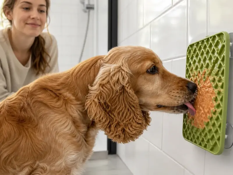 Cane con lick mat e tappetini da leccare in una situazione d'uso realistica - lick mat per cani