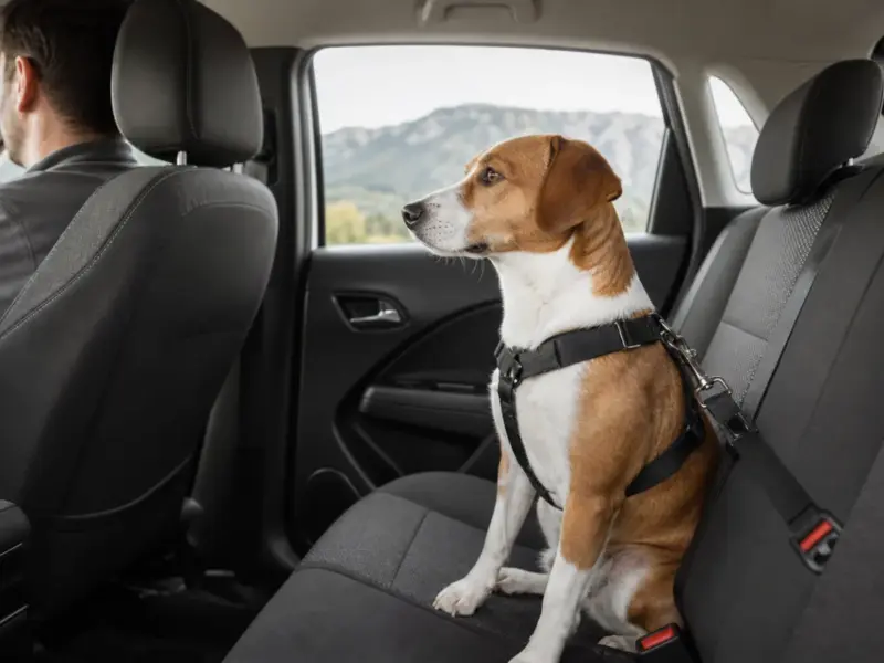 Cane tranquillo assicurato correttamente sul sedile posteriore dell'auto - mal d'auto nel cane