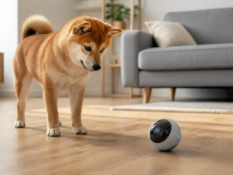 Cane con palle interattive automatiche e autorotolanti in una situazione d'uso realistica - palla interattiva automatica per cani