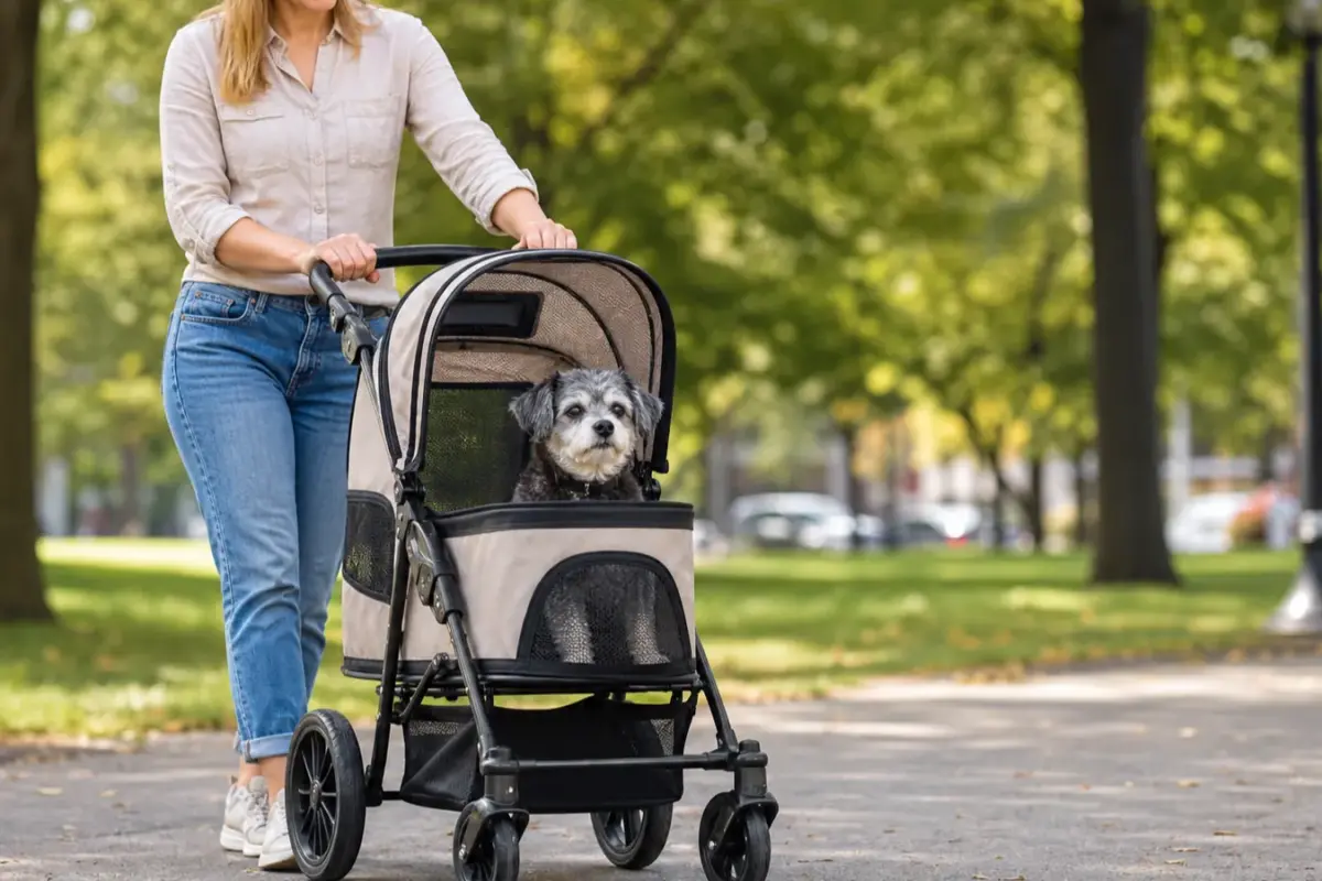 Cane con passeggini per cani in una situazione d'uso realistica - passeggino per cani