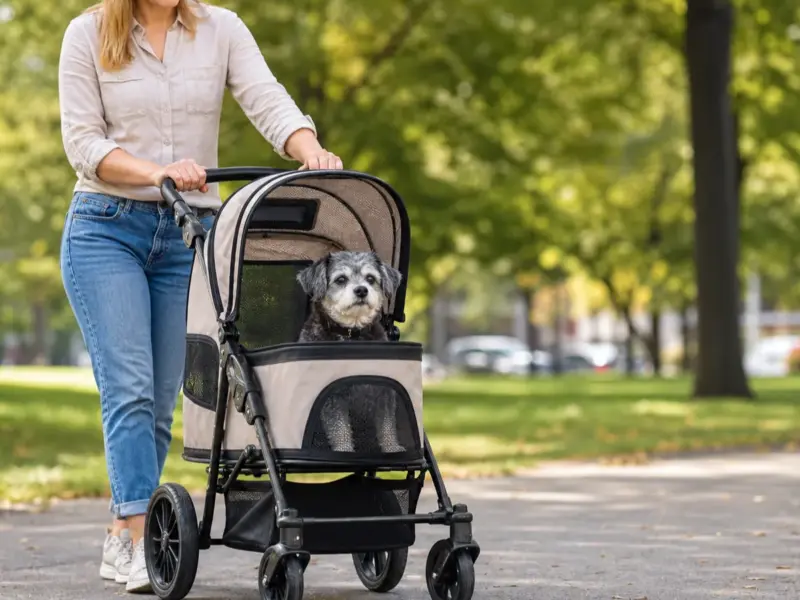 Cane con passeggini per cani in una situazione d'uso realistica - passeggino per cani