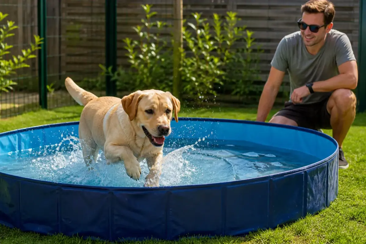 Cane con piscine pieghevoli e splash pad per cani in una situazione d'uso realistica - piscina per cani