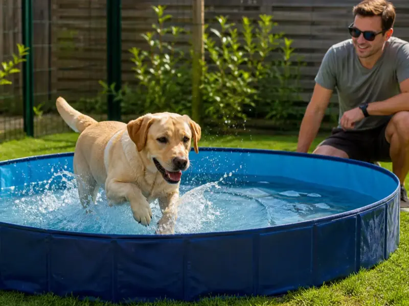 Cane con piscine pieghevoli e splash pad per cani in una situazione d'uso realistica - piscina per cani