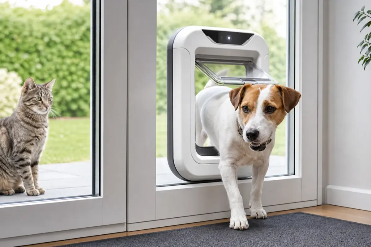 Cane con porte per cani con microchip in una situazione d'uso realistica - porta per cani con microchip