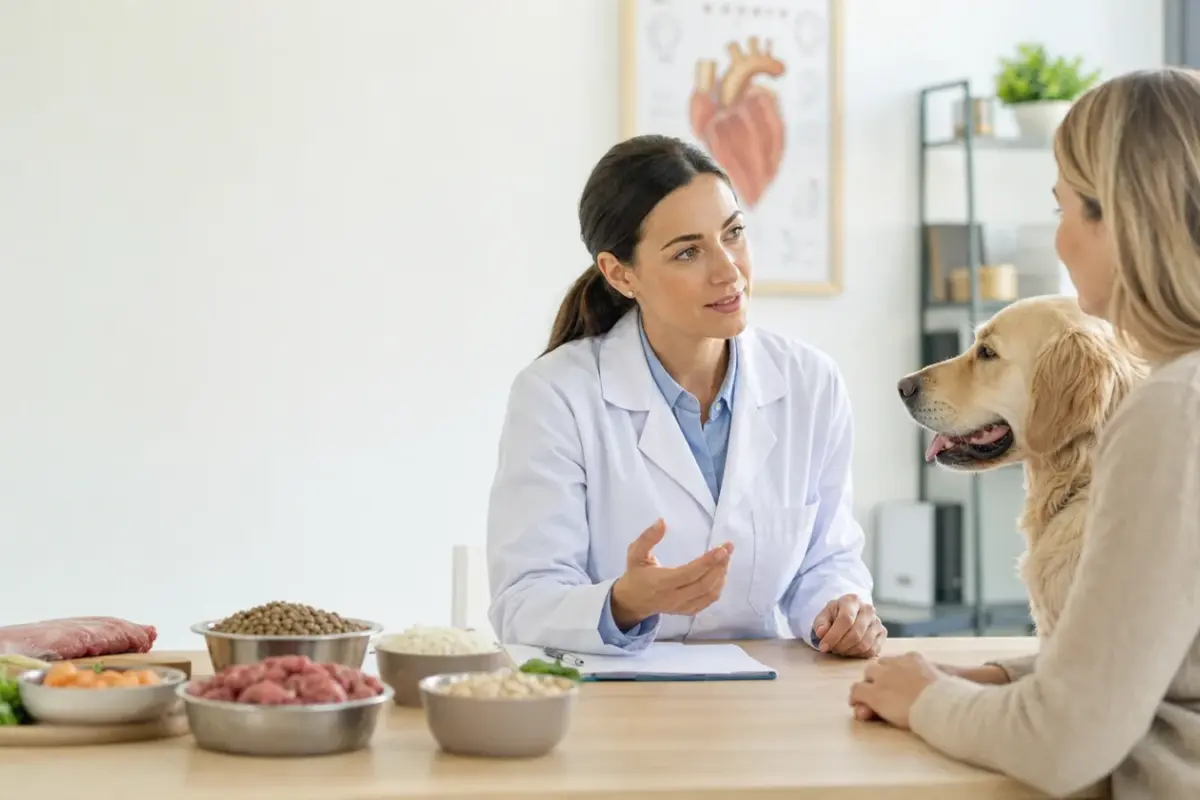 Veterinaria che confronta un integratore con la scheda clinica del cane - probiotici per cani