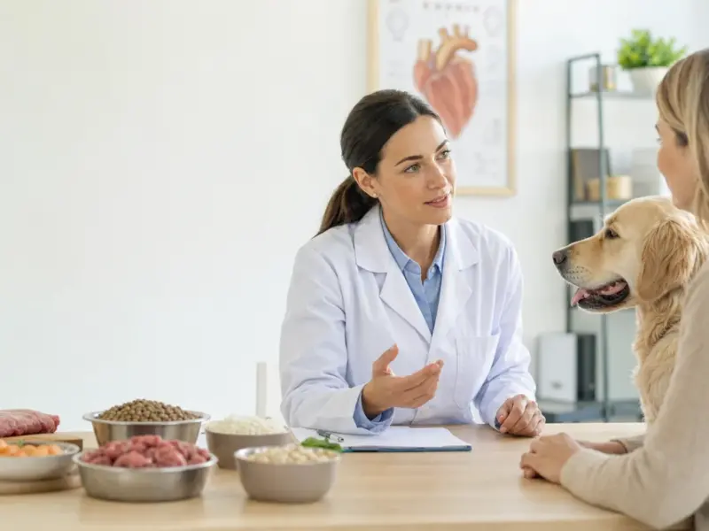 Veterinaria che confronta un integratore con la scheda clinica del cane - probiotici per cani
