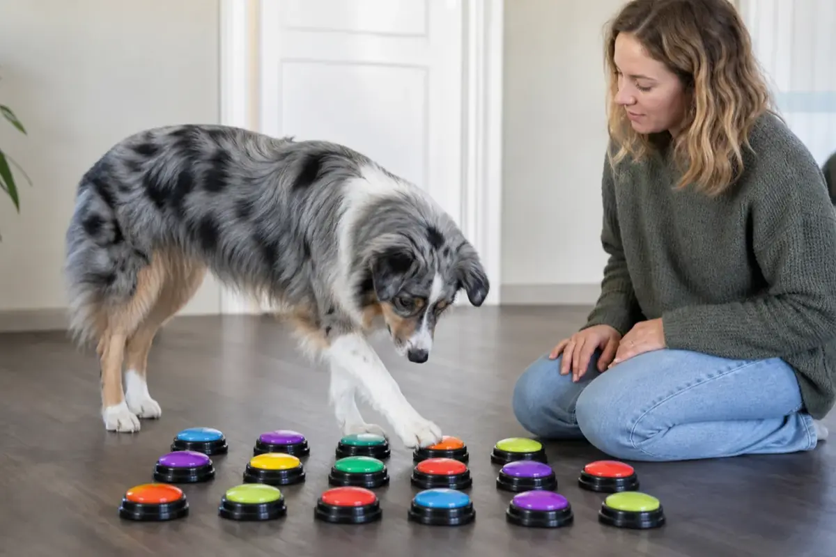Cane con pulsanti parlanti per la comunicazione con il cane in una situazione d'uso realistica - pulsanti parlanti per cani