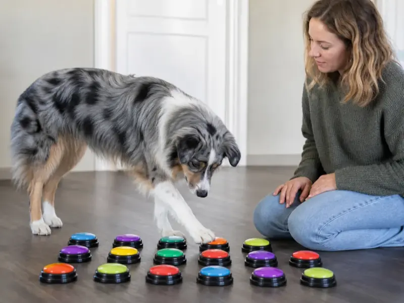 Cane con pulsanti parlanti per la comunicazione con il cane in una situazione d'uso realistica - pulsanti parlanti per cani