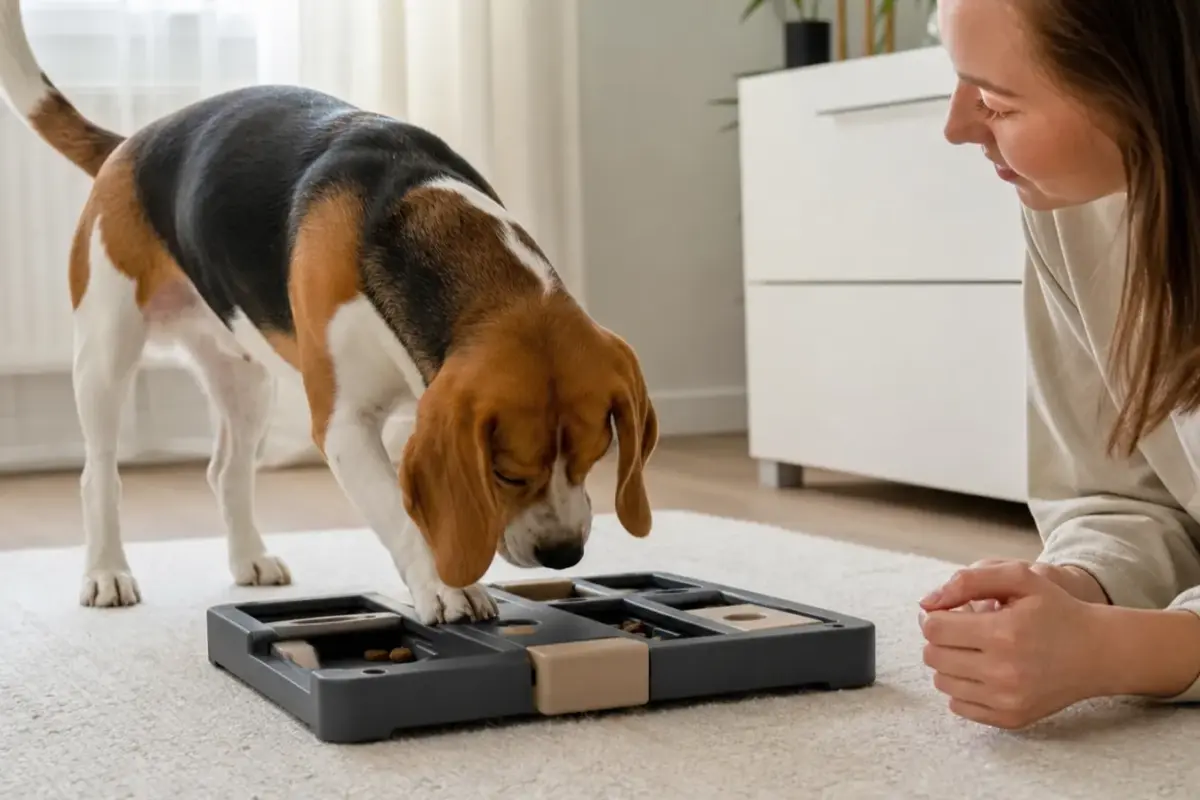 Cane con puzzle feeder e dispenser interattivi in una situazione d'uso realistica - puzzle feeder per cani