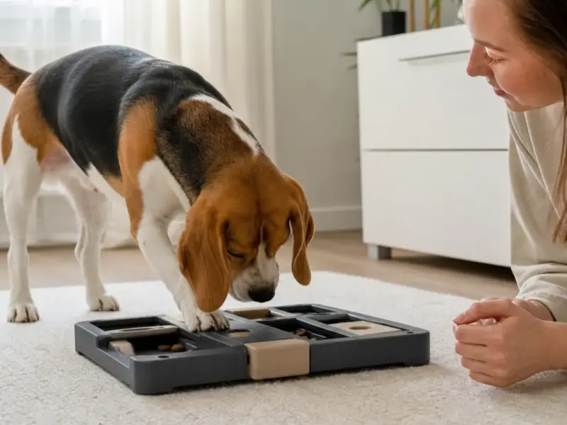 Cane con puzzle feeder e dispenser interattivi in una situazione d'uso realistica - puzzle feeder per cani