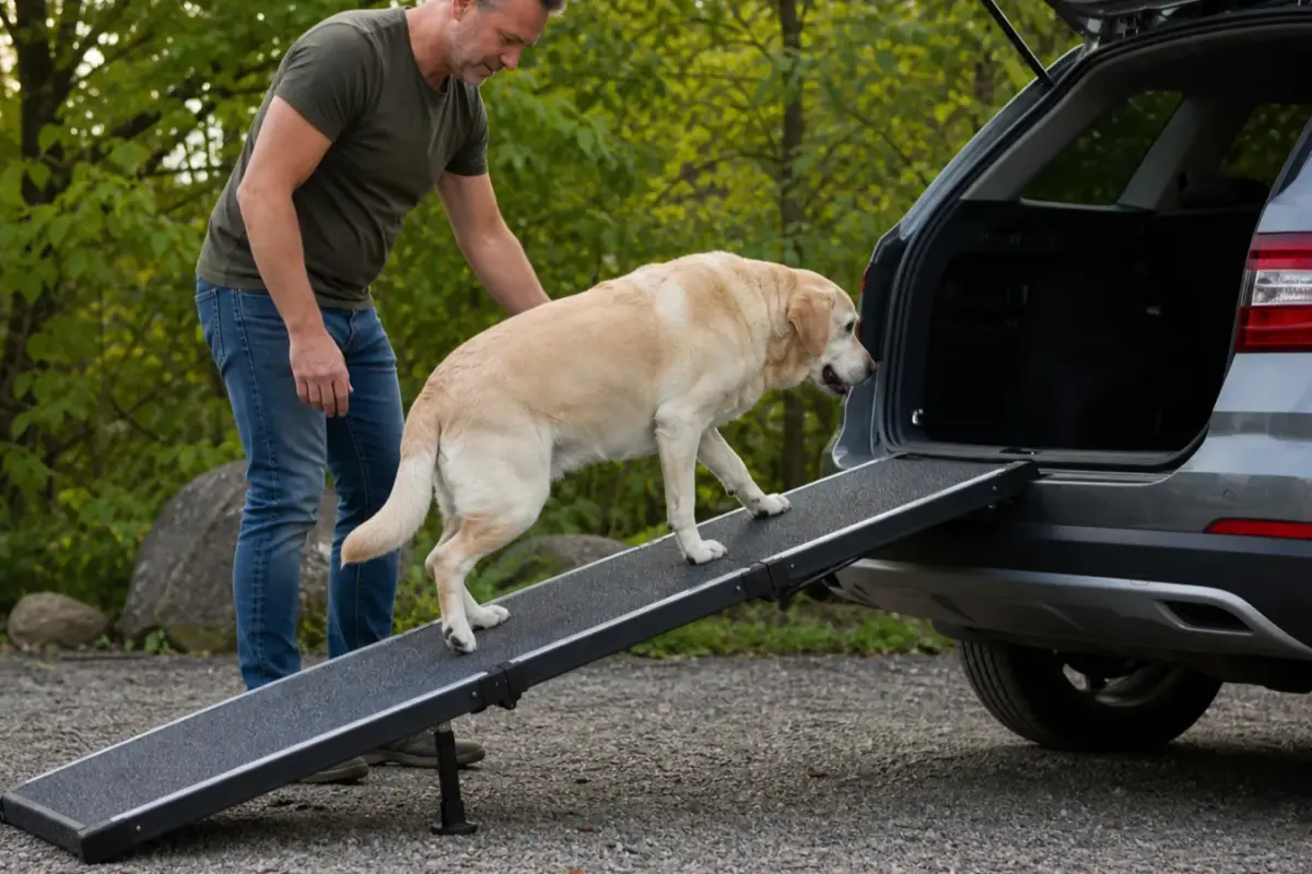 Cane con rampe telescopiche per auto in una situazione d'uso realistica - rampa per cani da auto