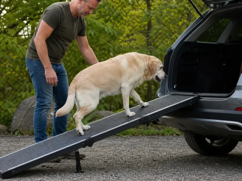 Cane con rampe telescopiche per auto in una situazione d'uso realistica - rampa per cani da auto