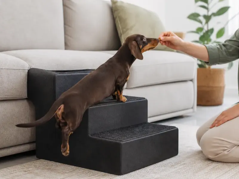 Cane con scalette pieghevoli per cani in una situazione d'uso realistica - scaletta per cani