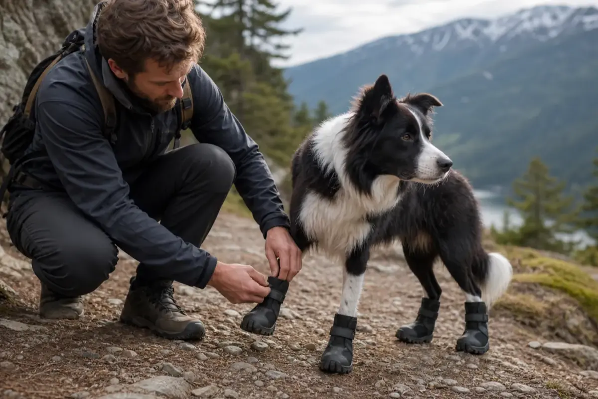 Cane con scarpe e stivaletti protettivi in una situazione d'uso realistica - scarpe per cani