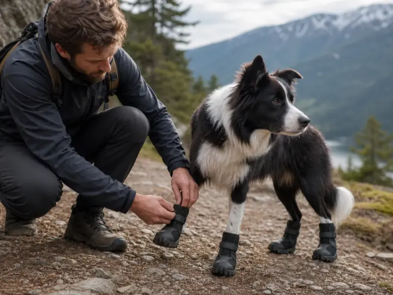 Cane con scarpe e stivaletti protettivi in una situazione d'uso realistica - scarpe per cani