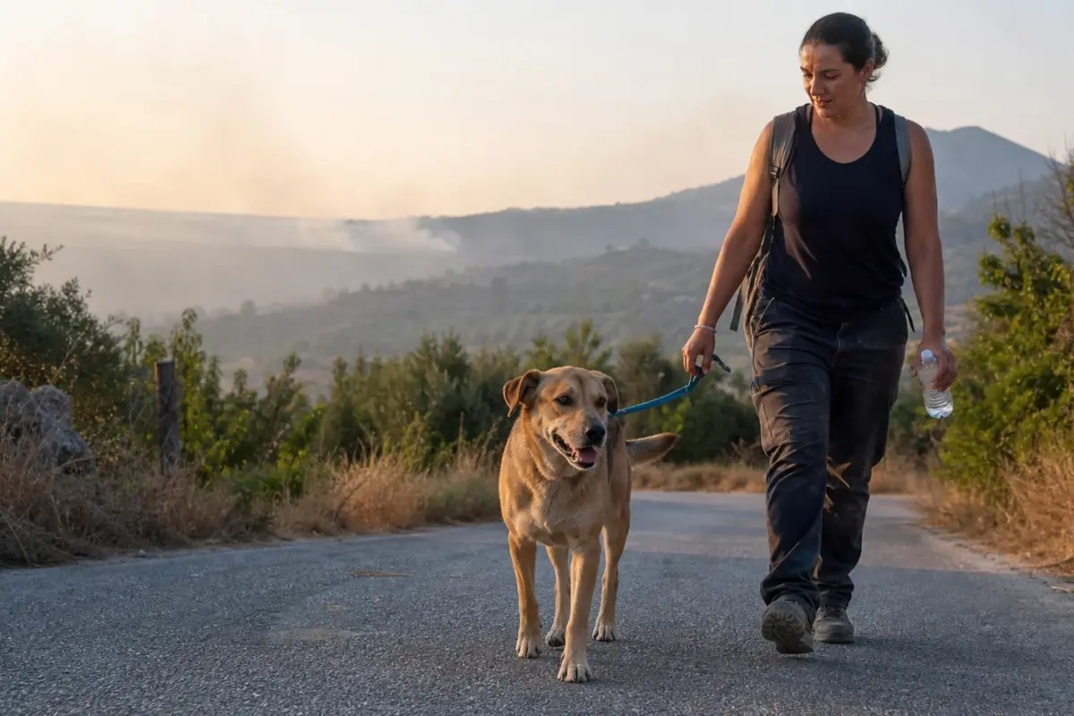 Volontaria accompagna un cane in sicurezza durante un’emergenza incendi in Sicilia