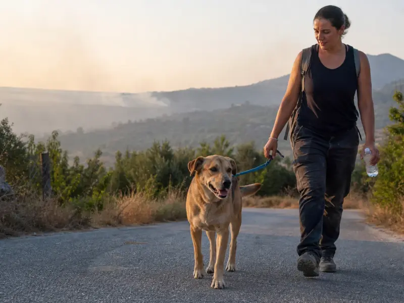Volontaria accompagna un cane in sicurezza durante un’emergenza incendi in Sicilia