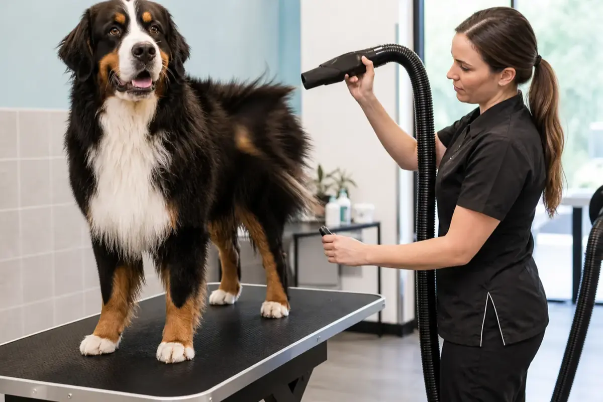 Cane con phon e soffiatori professionali per cani in una situazione d'uso realistica - soffiatore per cani