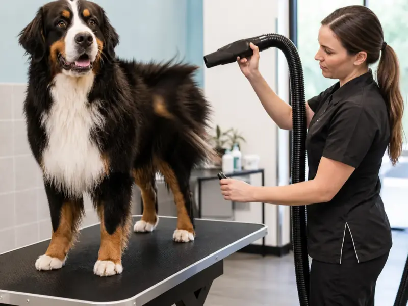Cane con phon e soffiatori professionali per cani in una situazione d'uso realistica - soffiatore per cani