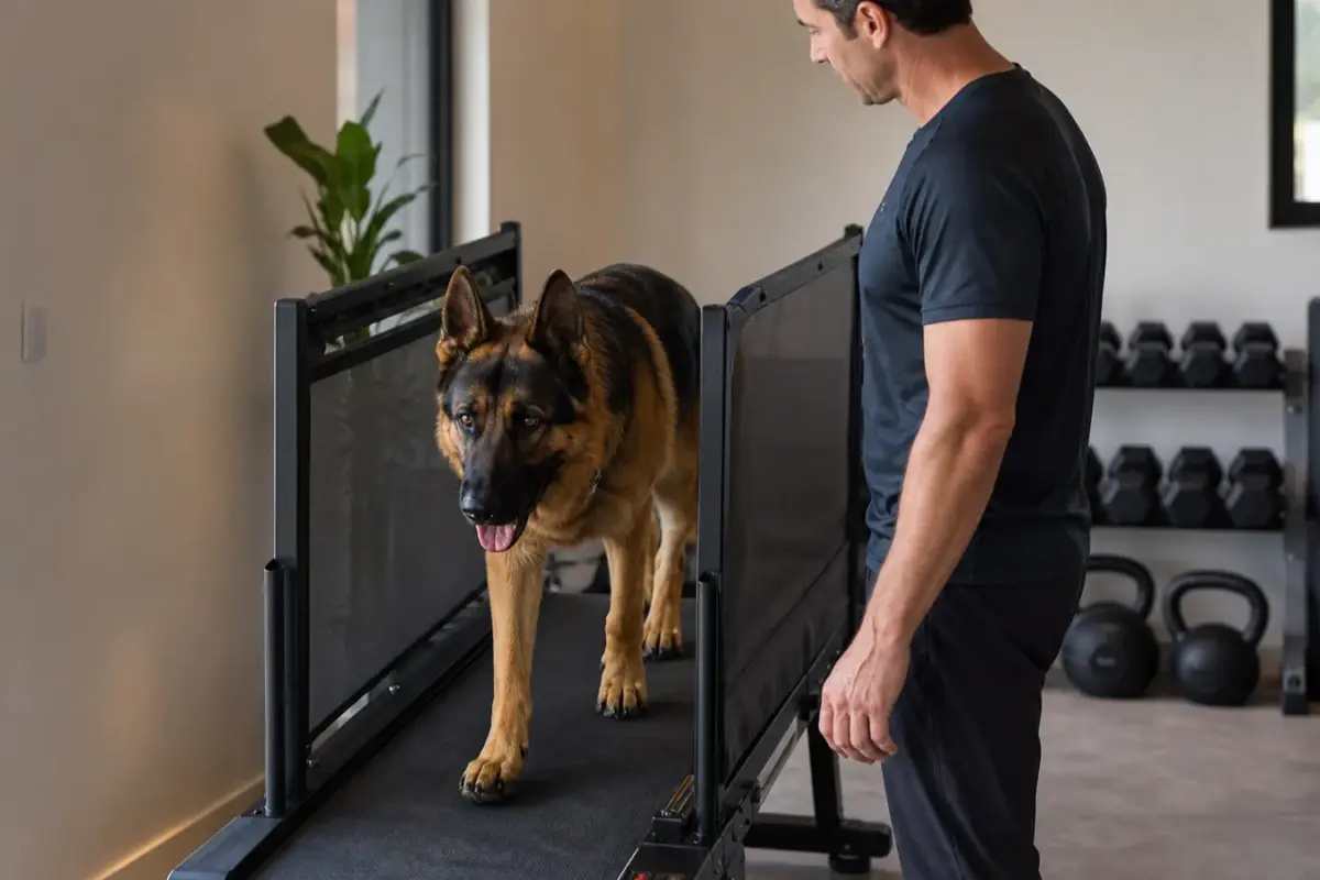 Cane con tapis roulant per cani in una situazione d'uso realistica