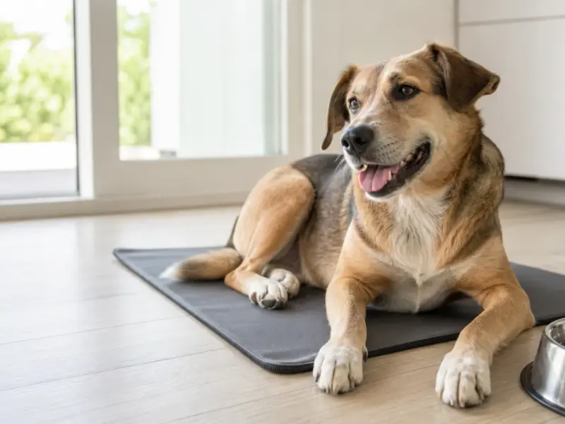 Cane sdraiato liberamente su un tappetino refrigerante in una stanza fresca
