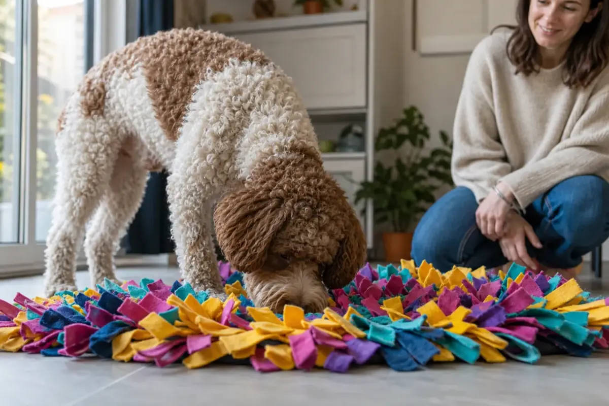 Cane con tappetini olfattivi in una situazione d'uso realistica - tappeto olfattivo per cani