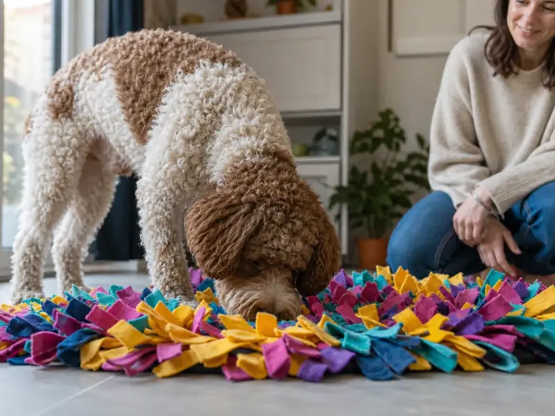 Cane con tappetini olfattivi in una situazione d'uso realistica - tappeto olfattivo per cani