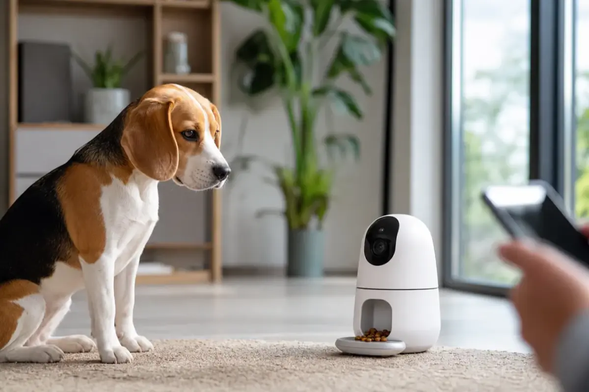Cane con telecamere per cani con audio bidirezionale e lancio snack in una situazione d'uso realistica - telecamera per cani con dispenser