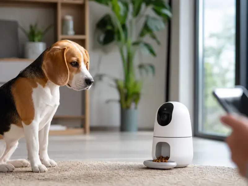 Cane con telecamere per cani con audio bidirezionale e lancio snack in una situazione d'uso realistica - telecamera per cani con dispenser