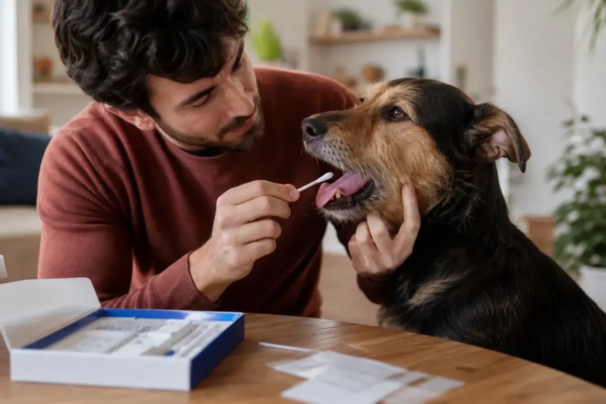 Cane con test dna per razza e tratti genetici in una situazione d'uso realistica - test DNA per cani