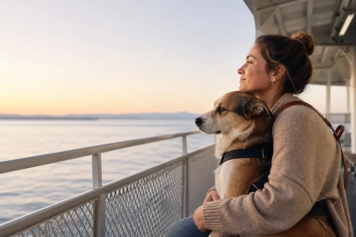 Cane con pettorina sul ponte esterno di un traghetto insieme al proprietario - traghetto con il cane