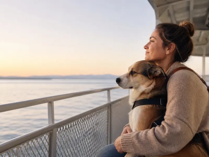 Cane con pettorina sul ponte esterno di un traghetto insieme al proprietario - traghetto con il cane