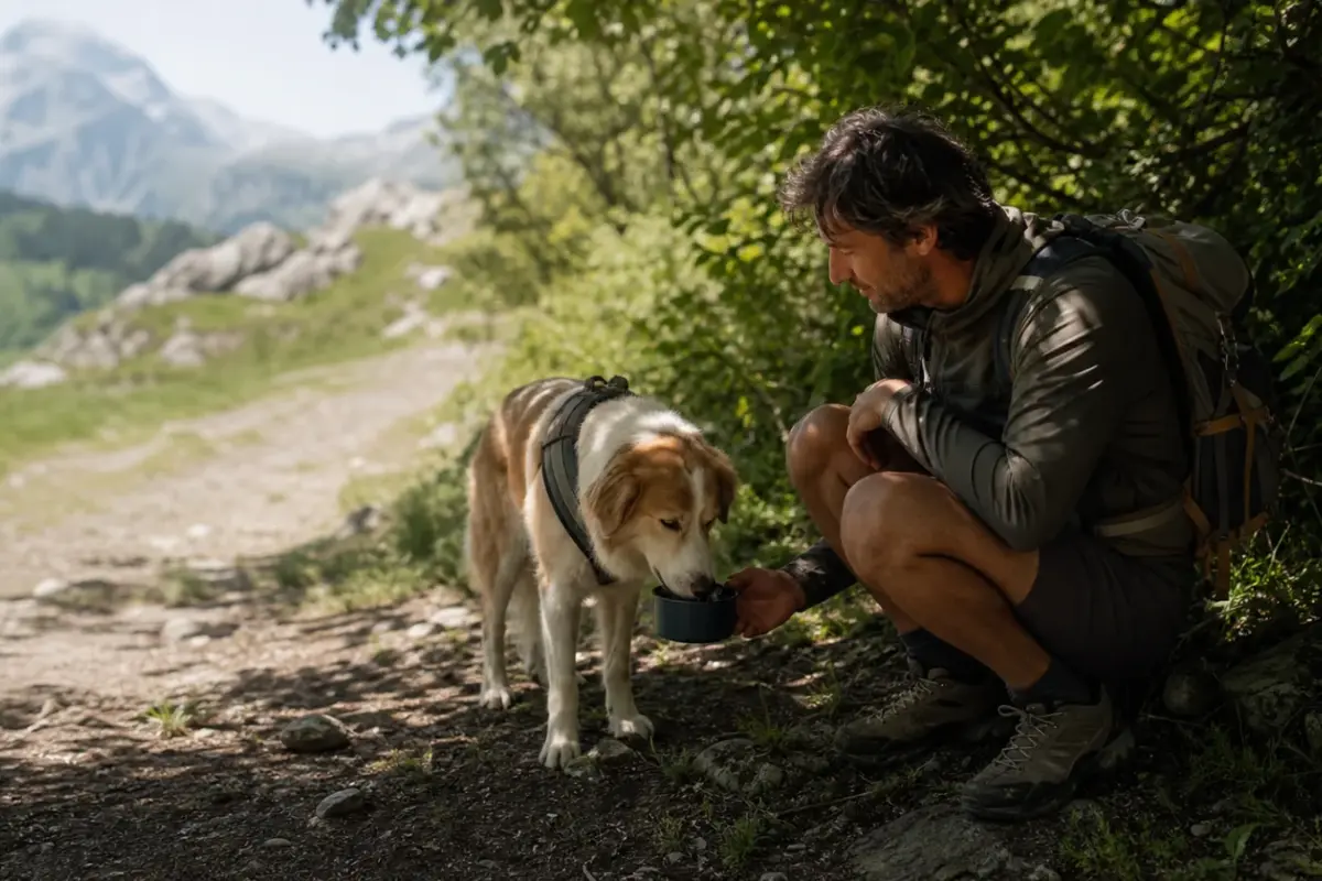 Escursionista con cane in pausa all'ombra durante un trekking estivo - trekking con il cane in estate